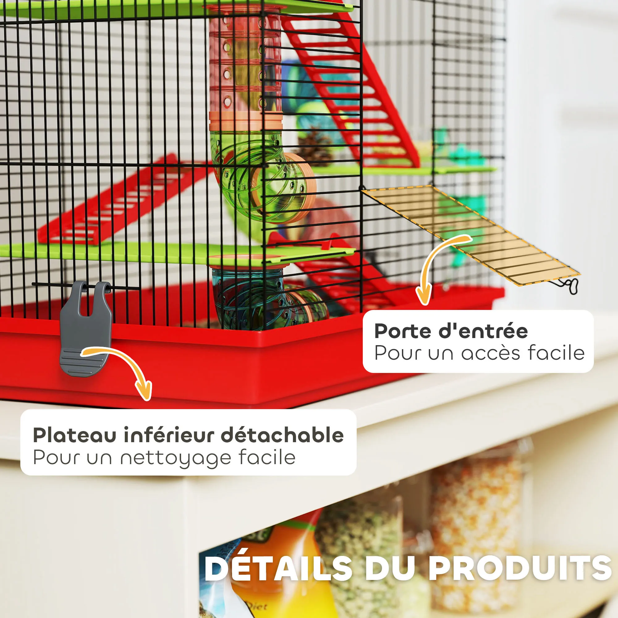 Gabbia Pawut per Criceti, Topi e Piccoli Animali con Tunnel, Ruota per Alimentazione e Giocattolo, 47x30x59 cm, Rossa 6