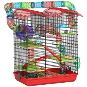 Gabbia Pawut per Criceti, Topi e Piccoli Animali con Tunnel, Ruota per Alimentazione e Giocattolo, 47x30x59 cm, Rossa 1