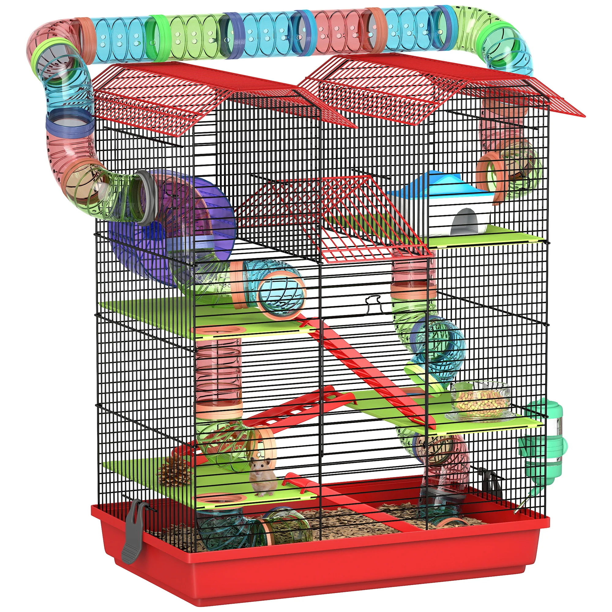 Gabbia Pawut per Criceti, Topi e Piccoli Animali con Tunnel, Ruota per Alimentazione e Giocattolo, 47x30x59 cm, Rossa 1