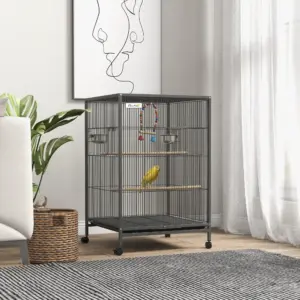 PawHut Gabbia per Uccelli su Ruote con Altalena, Posatoi, Vassoio Scorrevole, Ciotole e Ciotoline, per Canarini e Pappagalli, 48x46x78 cm, Acciaio Nero 2
