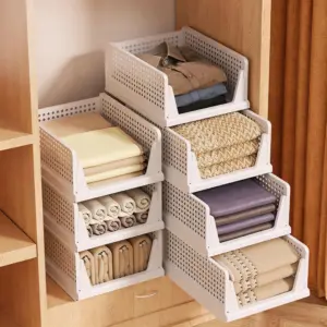 Set di 4 Cestini Impilabili in Plastica, Organizzatori Pieghevoli per Armadio, Scatole Portaoggetti, Unità per Cassetti, Scaffale di Stoccaggio a Strati 1