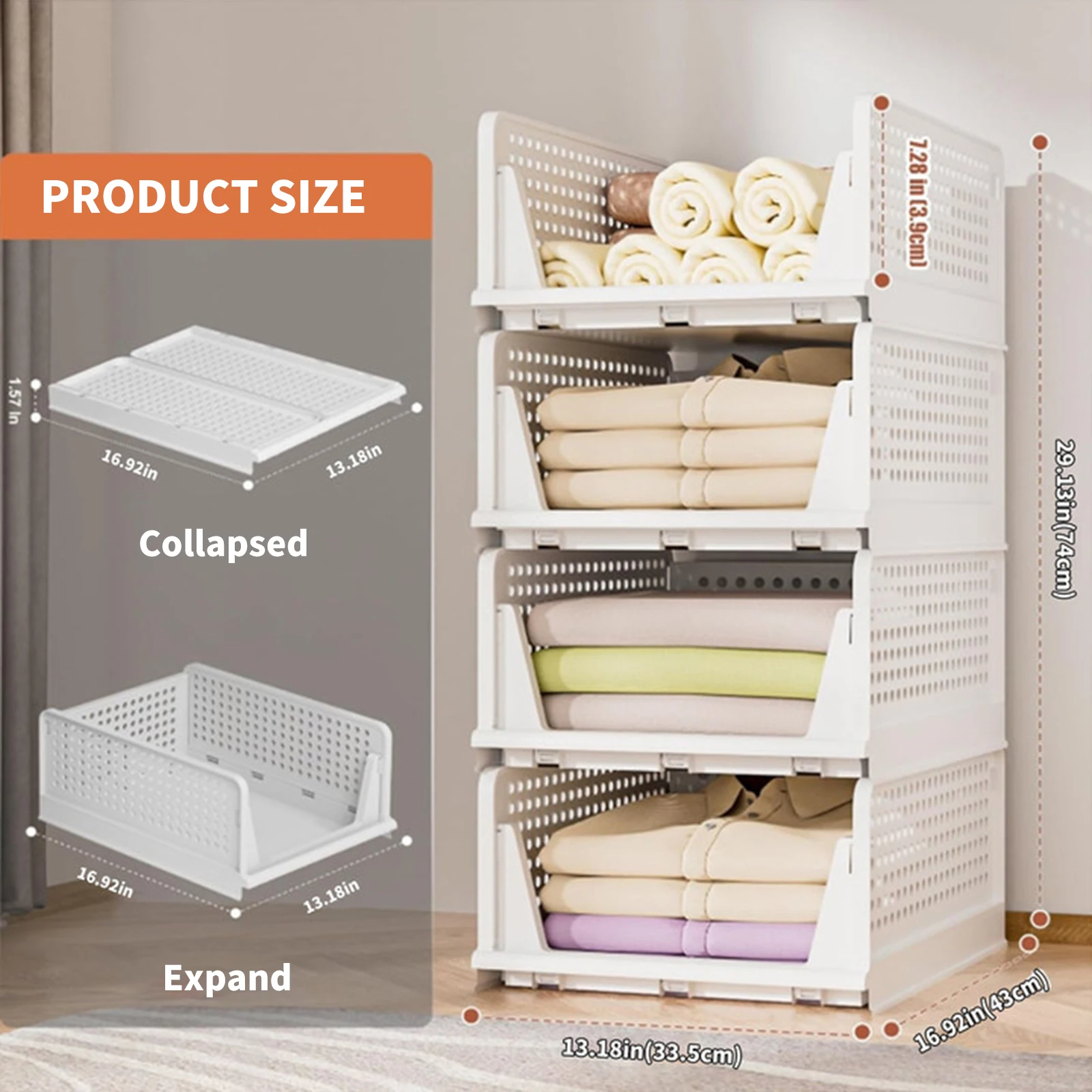 Set di 4 Cestini Impilabili in Plastica, Organizzatori Pieghevoli per Armadio, Scatole Portaoggetti, Unità per Cassetti, Scaffale di Stoccaggio a Strati 6